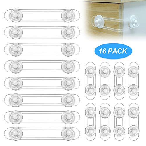 HALOVIE 16 Piezas Cerraduras de Seguridad para Niños Bloqueo de Seguridad Bebés Transparente Cierres con Adhesivo de 3M para Armarios, Gabinetes, WC, Cocinas, Puertas y Ventanas, Nevera