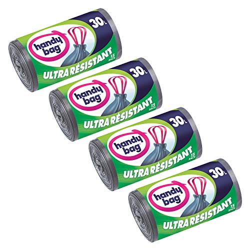 Handy bag 4 rollos de 15 bolsas de basura 30 L, asas correderas, Ultra Resistente, antigoteo, 53 x 63 cm, gris oscuro, opaco