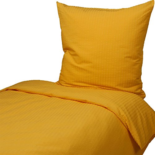 Hans-Textil-Shop Seersucker ropa de cama de 135 x 200 cm, 80 x 80 cm, algodón amarillo, no necesita planchado, funda nórdica con cremallera