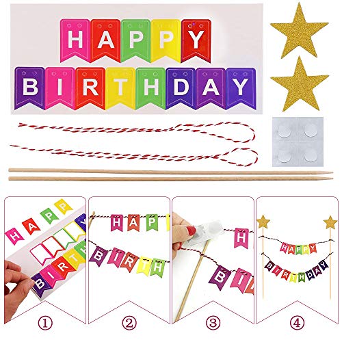 Happy Birthday Decoración para Tarta, Feliz Cumpleaños Adornos Tartas Bunting Banner Banderines para Niñas Niños Decoración de Pastel Cumpleaños, Arco Iris Globos Cake Topper Suministros para Fiestas
