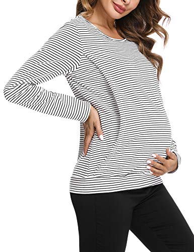 Hawiton Camisetas Lactancia de Manga Larga Invierno Camiseta de Algodon Lactancia Premamá Camisa de Maternidad para Mujer Ropa de Enfermería Rayas Cuello Redondo