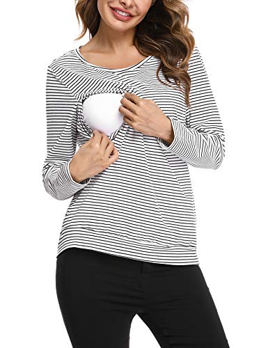 Hawiton Camisetas Lactancia de Manga Larga Invierno Camiseta de Algodon Lactancia Premamá Camisa de Maternidad para Mujer Ropa de Enfermería Rayas Cuello Redondo