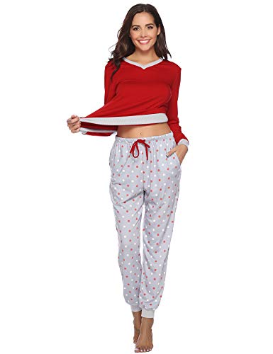 Hawiton Pijama Invierno Mujer Algodon Mangas Larga Pantalon Largo Encaje 2 Piezas Talla Grande