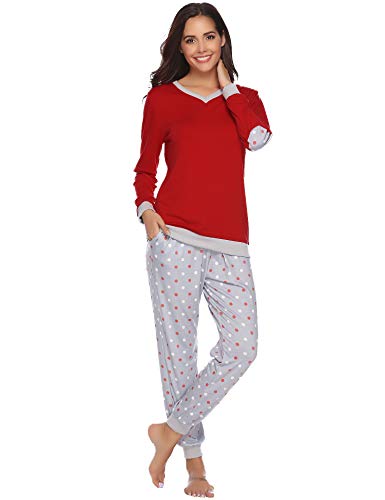 Hawiton Pijama Invierno Mujer Algodon Mangas Larga Pantalon Largo Encaje 2 Piezas Talla Grande