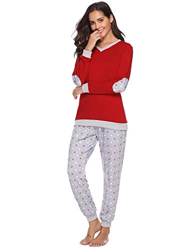 Hawiton Pijama Invierno Mujer Algodon Mangas Larga Pantalon Largo Encaje 2 Piezas Talla Grande
