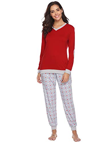 Hawiton Pijama Invierno Mujer Algodon Mangas Larga Pantalon Largo Encaje 2 Piezas Talla Grande