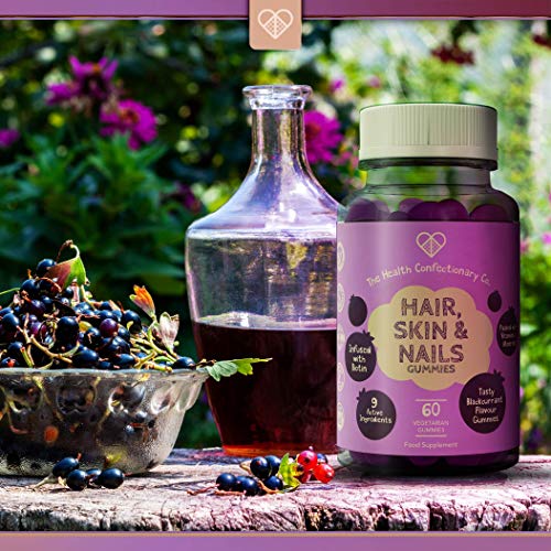 HCC Gominolas de Biotina para el Cabello, Piel y Uñas | 60 Gominolas Vitaminas para el Cabello con Sabor Grosella | Biotin, Vitamina A y D3 | Gummy Hair Vitamins | Vitaminas Crece Pelo, Piel y Uñas