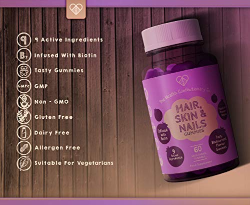 HCC Gominolas de Biotina para el Cabello, Piel y Uñas | 60 Gominolas Vitaminas para el Cabello con Sabor Grosella | Biotin, Vitamina A y D3 | Gummy Hair Vitamins | Vitaminas Crece Pelo, Piel y Uñas