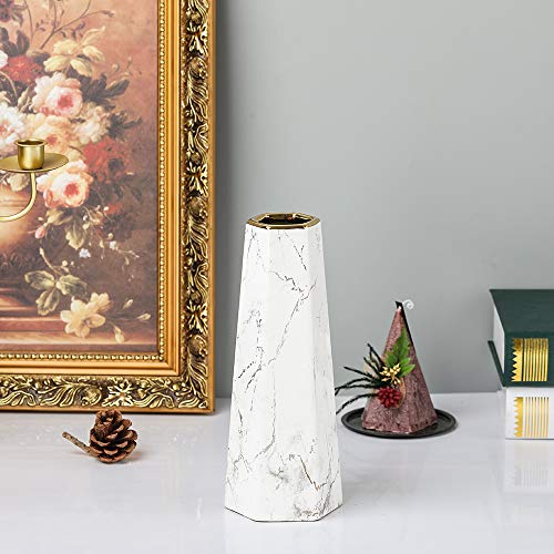HCHLQLZ 25cm Mármol Blanco Dorado Decorativos Modernos Ceramica Jarrones de Flores para Mesa de Comedor Sala de Estar Idea Regalo para Cumpleaños Boda Navidad