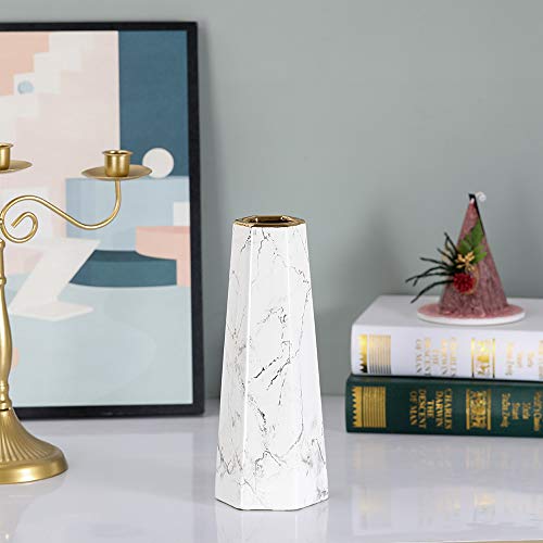 HCHLQLZ 25cm Mármol Blanco Dorado Decorativos Modernos Ceramica Jarrones de Flores para Mesa de Comedor Sala de Estar Idea Regalo para Cumpleaños Boda Navidad