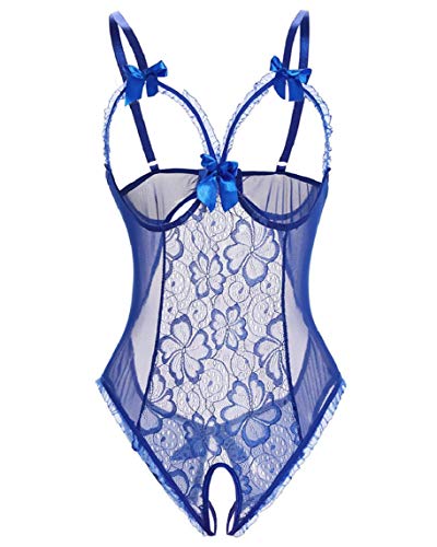 heekpek Lenceria Mujer Erotica Conjuntos de Lencería Mujer Encaje Atractivo Babydoll Ropa de Dormir Correa Cuello V Sin Espalda (Azul, XX-Large)
