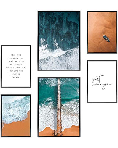 Heimlich Cuadros Decorativos - Decoración Colgante para Paredes de Sala, Dormitorios y Cocina - Arte Mural - 2 x A3 (30x42cm) et 4 x A4 (21x30cm) | Sin Marcos »Playa y Mar «
