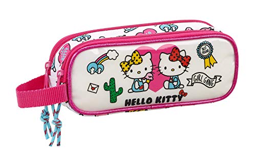 Hello Kitty Estuche Portatodo Doble 2 Cremalleras Escolar, 21 cm, Rosa/Blanco
