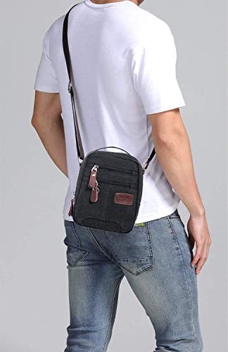 Hengwin Casual Bolso Bandolera Hombre Pequeño de Lona de Tela Bolsa de Viaje con Multiples Bolsillos, Negro