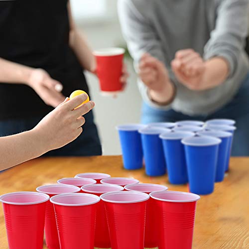 Herefun Beer Pong Tazas, Vasos de Plástico Desechables para Fiestas, Cerveza Pong Set con 50 Tazas Rojos, 50 Tazas Azules, 10 Pelotas de Ping Pong Juego para Beber Cumpleaños Celebración, 16 oz