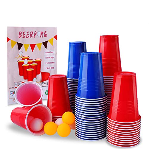 Herefun Beer Pong Tazas, Vasos de Plástico Desechables para Fiestas, Cerveza Pong Set con 50 Tazas Rojos, 50 Tazas Azules, 10 Pelotas de Ping Pong Juego para Beber Cumpleaños Celebración, 16 oz