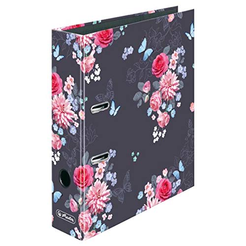 Herlitz Ladylike Flowers - Carpeta de cartón (A4, Almacenamiento, Azul oscuro, Rosa, Anilla en D, 8 cm)
