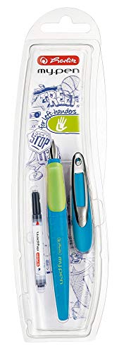 Herlitz my.pen 10999829 - Pluma escolar para zurdos (incluye recambio de tinta), color azul oscuro y claro