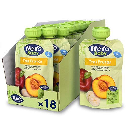 Hero Baby 3 Frutas - Bolsita de Fruta con Manzana, Plátano y Melocotón, Sin Azúcares Añadidos, para Bebés a Partir de los 4 Meses - Pack de 18 x 100 g