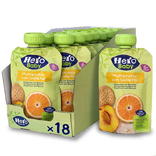 Hero Baby - Bolsita de Multifrutas con Galletas, Sin Azúcares Añadidos, para Bebés a Partir de los 6 Meses - Pack de 18 x 100 g