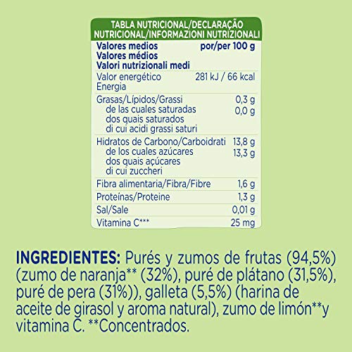 Hero Bolsita Mi Fruta Puré de Frutas Naranja, Plátano y Galleta para Bebés a partir de 12 meses 100 g