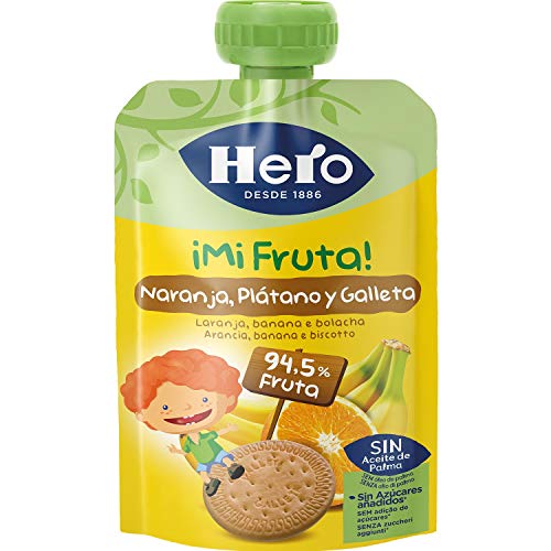 Hero Bolsita Mi Fruta Puré de Frutas Naranja, Plátano y Galleta para Bebés a partir de 12 meses 100 g