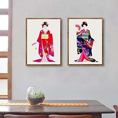 hetingyue Chica Hermosa sin Marco en Kimono japonés Tradicional Pintura Mural Lienzo Pintura Sala de Estar decoración del hogar Arte póster e impresión 30x40 cm