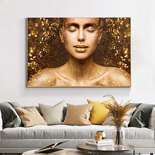 hetingyue Encantadora Cara de Mujer Desnuda Dorada, Labios Pintados sobre Lienzo, Carteles e Impresiones en Cuadros escandinavos de Arte de Pared 40x60cm