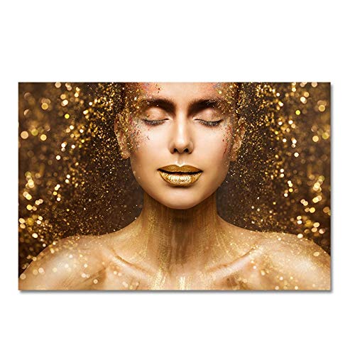 hetingyue Encantadora Cara de Mujer Desnuda Dorada, Labios Pintados sobre Lienzo, Carteles e Impresiones en Cuadros escandinavos de Arte de Pared 40x60cm