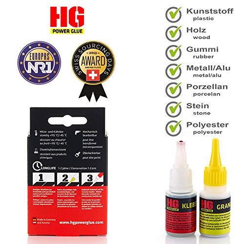 HG POWER GLUE La soldadura de la botella - juego de adhesivos de reparación profesional para plástico ABS cerámica porcelana piedra madera caucho - adhesivo industrial con granulado (1x20g + 1x40g)