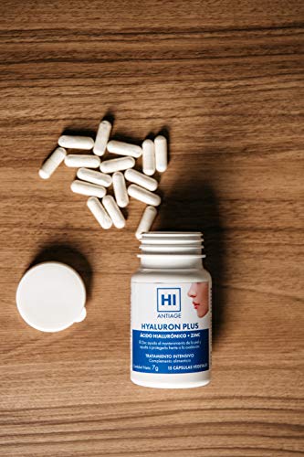 HI - Hi Antiage - Hyaluron Plus - Ácido Hialurónico Cápsulas para Suplemento Alimenticio con Zinc que Ayudan a Reducir las Pequeñas Arrugas y Líneas de Expresión - Aptas para veganos