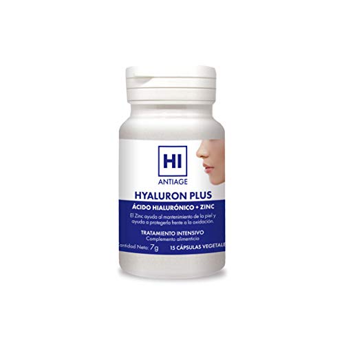 HI - Hi Antiage - Hyaluron Plus - Ácido Hialurónico Cápsulas para Suplemento Alimenticio con Zinc que Ayudan a Reducir las Pequeñas Arrugas y Líneas de Expresión - Aptas para veganos