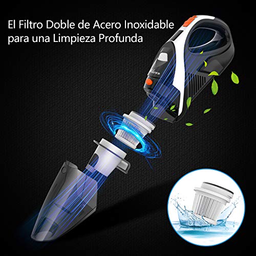 Hikeren Aspiradora de Mano, Aspirador de Mano Sin Cable, 7000PA, Aspiradora de Mano Sin Cable Potente, Batería de 2600mAh, Luz LED, Filtro de Acero Inoxidable, 3 Boquillas para Hogar y Coche