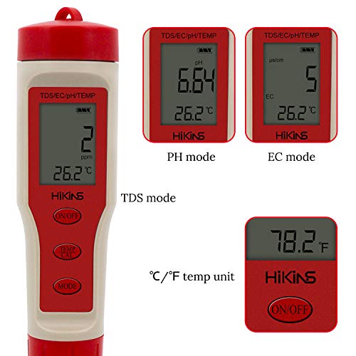 HiKiNS Medidor Digital de Calidad del Agua Alta precisión 4 en 1 PH/TDS/EC/Temp Tester para acuarios Hidropónicos Pool SPA Agua Potable