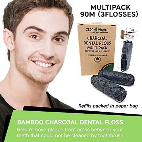 Hilo Dental de Carbón de Bambú Natural Ecológico - Hilo, Biodegradable con Cera Vegana, Menta y Botella de Vidrio Reusable, 90 m de Largo por ZERO WASTE WORLD (multipack)