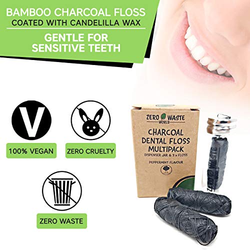 Hilo Dental de Carbón de Bambú Natural Ecológico - Hilo, Biodegradable con Cera Vegana, Menta y Botella de Vidrio Reusable, 90 m de Largo por ZERO WASTE WORLD (multipack)