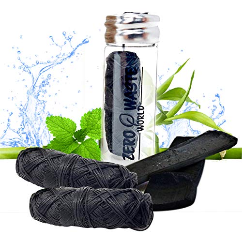 Hilo Dental de Carbón de Bambú Natural Ecológico - Hilo, Biodegradable con Cera Vegana, Menta y Botella de Vidrio Reusable, 90 m de Largo por ZERO WASTE WORLD (multipack)