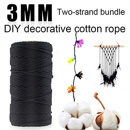 Hilo Macrame Negra Cuerda Algodó Cordel Natural para Macramé Colgador de Plantas, Envolver Regalo Navidad, Colgar Fotos, Manualidades, Costura, DIY Artesanía, Decoración Bohemia, 3mm x 100m