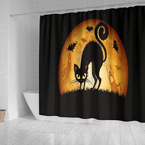 HLCE Decoraciones de la Cortina de Ducha de Halloween Gato Negro Luna Llena batido Impermeable Lavable de Dos tamaños (Tamaño : S)