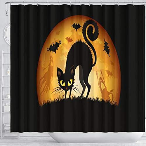 HLCE Decoraciones de la Cortina de Ducha de Halloween Gato Negro Luna Llena batido Impermeable Lavable de Dos tamaños (Tamaño : S)