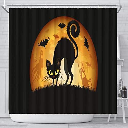 HLCE Decoraciones de la Cortina de Ducha de Halloween Gato Negro Luna Llena batido Impermeable Lavable de Dos tamaños (Tamaño : S)