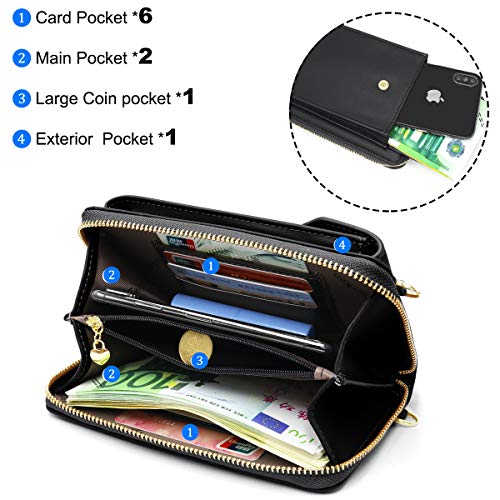 HNOOM Bolso Movil Mujer, Bolso Bandolera Móvil, Bolso Pequeño Bandolera para Damas Mujeres con Ranuras para Tarjeta de Correa (Negro)