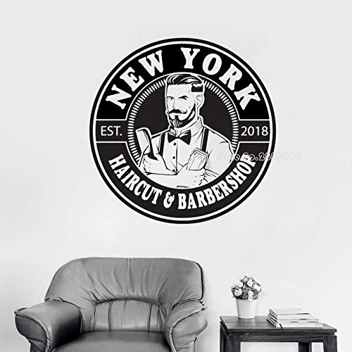 HNXDP Corte de pelo y peluquería Tatuajes de pared Nueva York Peluquería personalizada Vinilo Adhesivo Hombre Salón Herramientas para la cara Logotipo Salón Arte Decoración 84cmX84cm