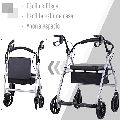 HOMCOM Andador para Adultos Plegable con Asiento Frenos Reposapiés y Bolsa de Almacenaje 75.5x58x84-99 cm Gris y Negro