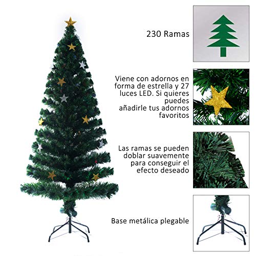 HOMCOM Árbol de Navidad Artificial Árboles de Abeto 180cm con Soporte Decoraciones Navideñas Copos de Estrella Fibra Óptica Brillante LED Multicolor Ignífugo