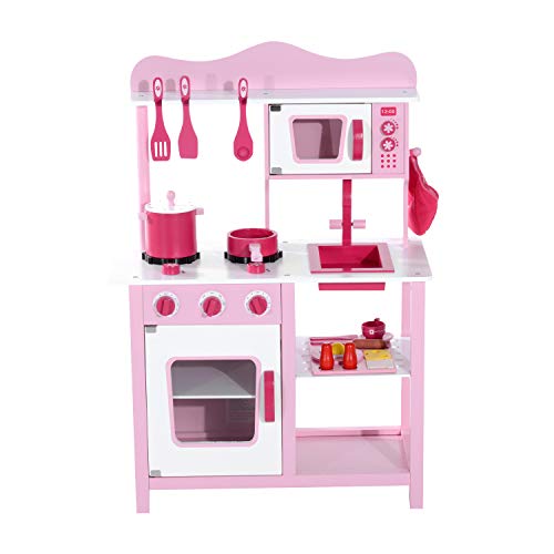 HOMCOM Cocina de Juguete para Niños Set Juego Cocinita Madera Infantil 3 Años Juego de Imitación 60x30x84.5cm Rosa