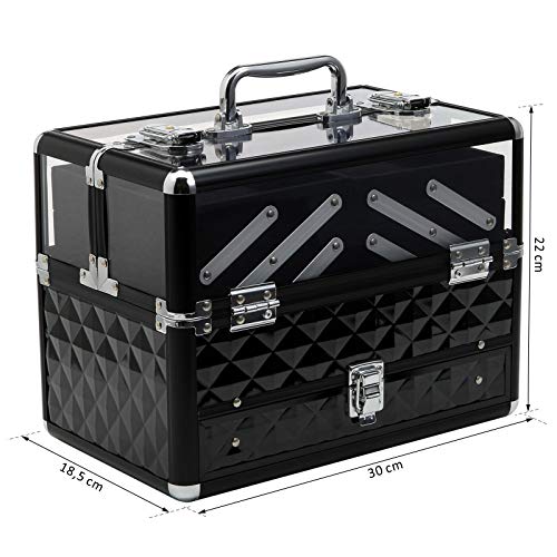 HOMCOM Maletín de Maquillaje Bisutería Organizador Cosméticos Portátil Múltiples Niveles con Asa y Bandejas Desplegables Aleación de Aluminio 30x18.5x22 cm Transparente y Negro