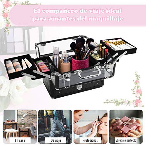 HOMCOM Maletín de Maquillaje Bisutería Organizador Cosméticos Portátil Múltiples Niveles con Asa y Bandejas Desplegables Aleación de Aluminio 30x18.5x22 cm Transparente y Negro