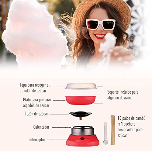 HOMCOM Máquina para Nubes de Algodón de Azucar Acero Inox. y Aluminio 450W 27x26x18cm (Rojo)