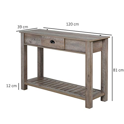 HOMCOM Mesa Tipo Consola Estilo Colonial Mesa Auxiliar para Pasillos Entradas Dormitorio con Cajón Estante Inferior Espacioso Soporta hasta 60 kg 120x39x81 cm Gris